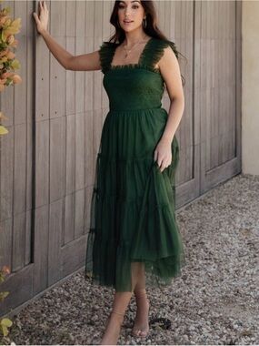 Baltic Born Forest Green Smocked Tiered Midi Dress